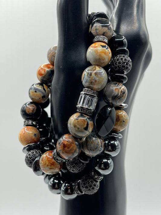 12mm Agate & 10mm Black Onyx Unisex set