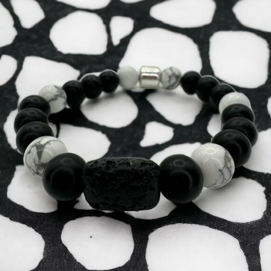 Howlite and Black Onyx Diffuser Bracelet with Lava stone