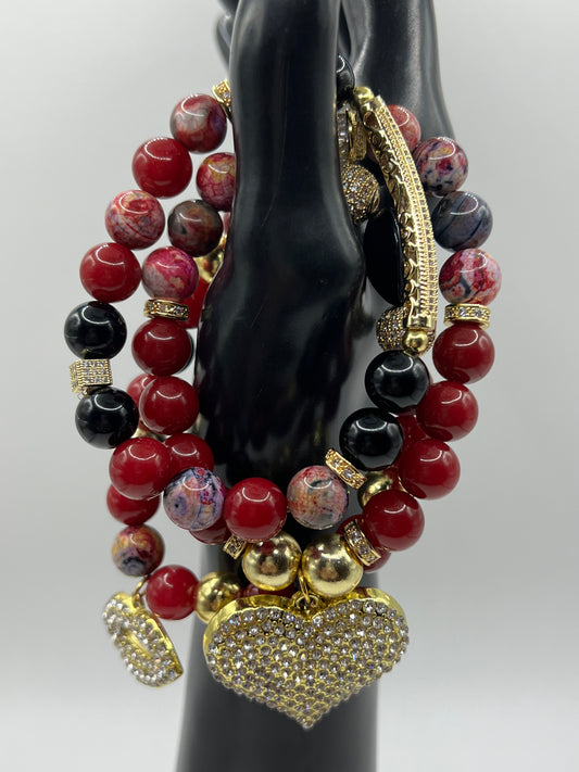 10MM Women’s Ruby Jade & Fire Agate Stone bracelet set