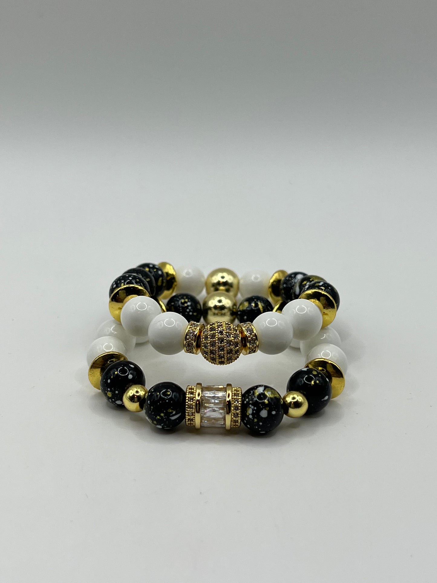 10MM Women’s Mixed black, White & Gold Hematite Bracelet set