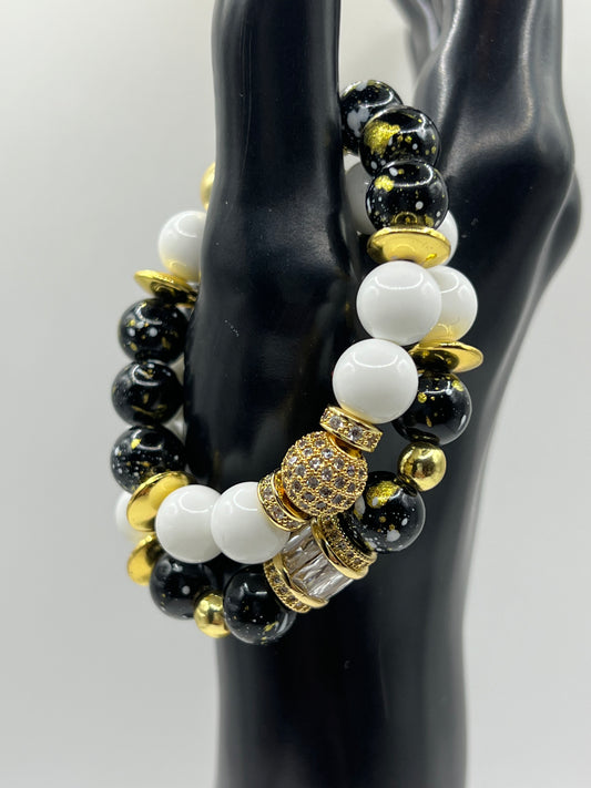 10MM Women’s Mixed black, White & Gold Hematite Bracelet set