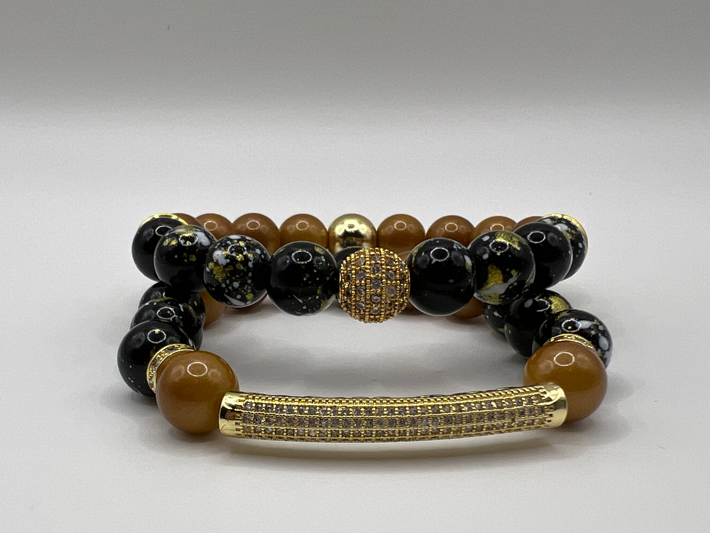 10MM Women’s Mixed Black & Gold Glass Bead Bracelet Set