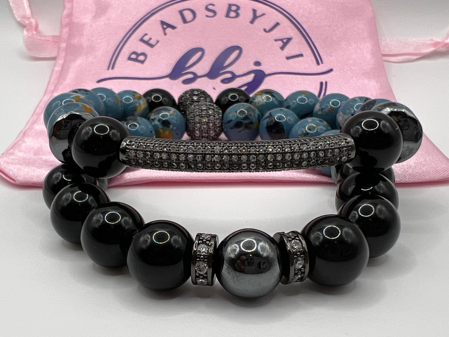 10MM Women’s Black Obsidian w/ Mixed Blue Glass Beads Bracelet Set