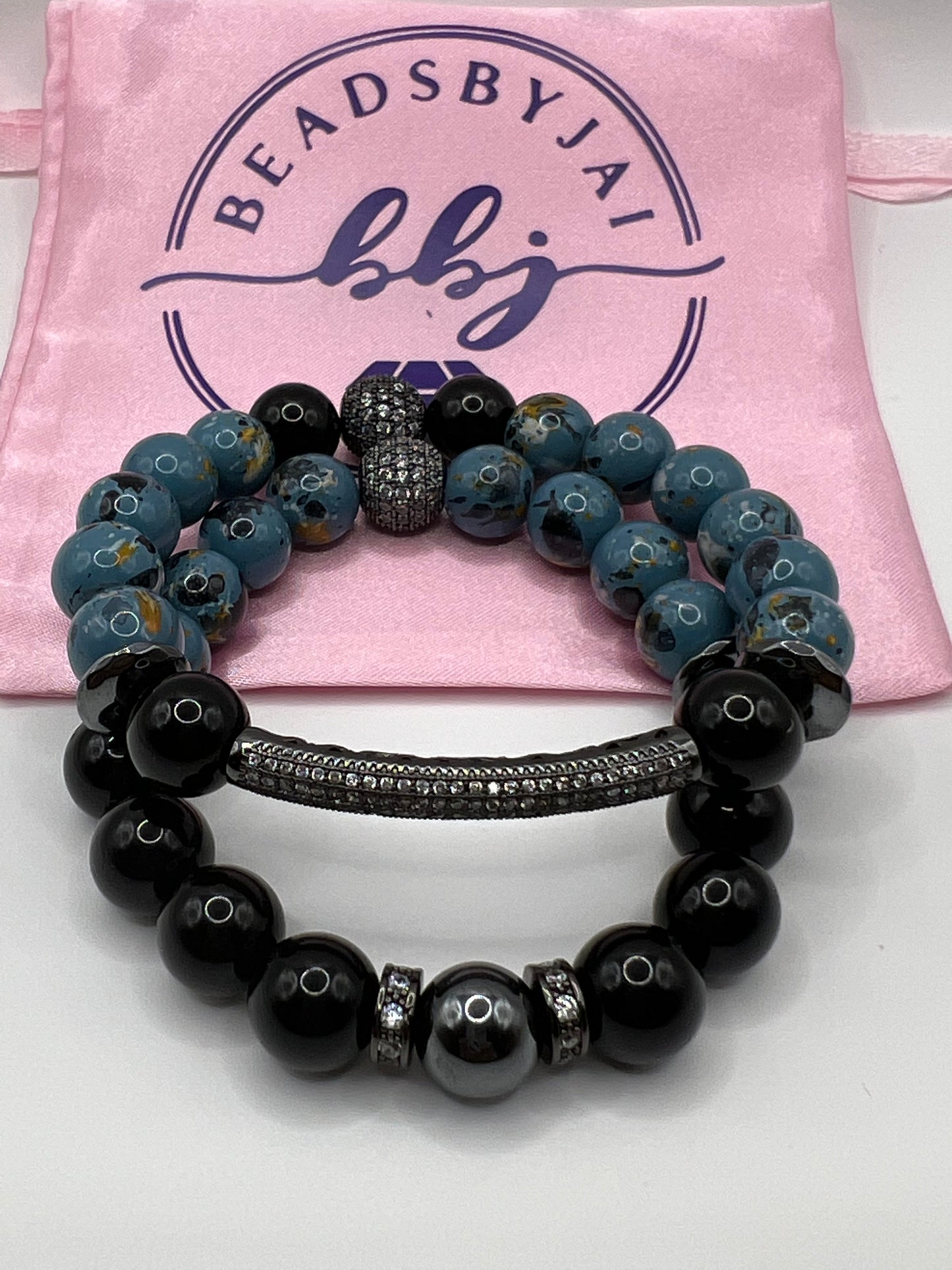 10MM Women’s Black Obsidian w/ Mixed Blue Glass Beads Bracelet Set