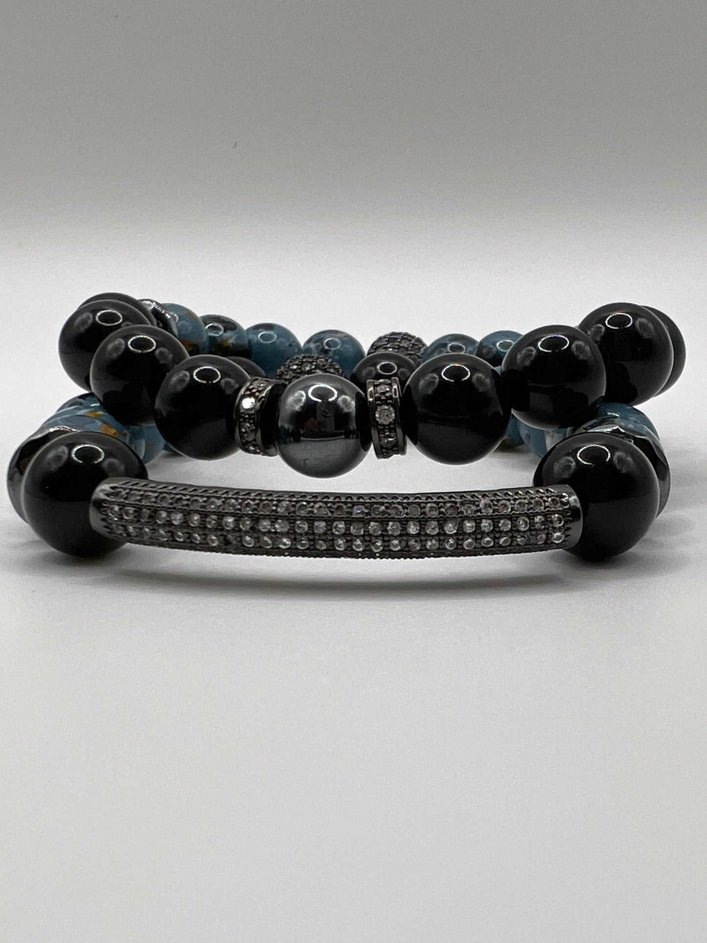 10MM Women’s Black Obsidian w/ Mixed Blue Glass Beads Bracelet Set