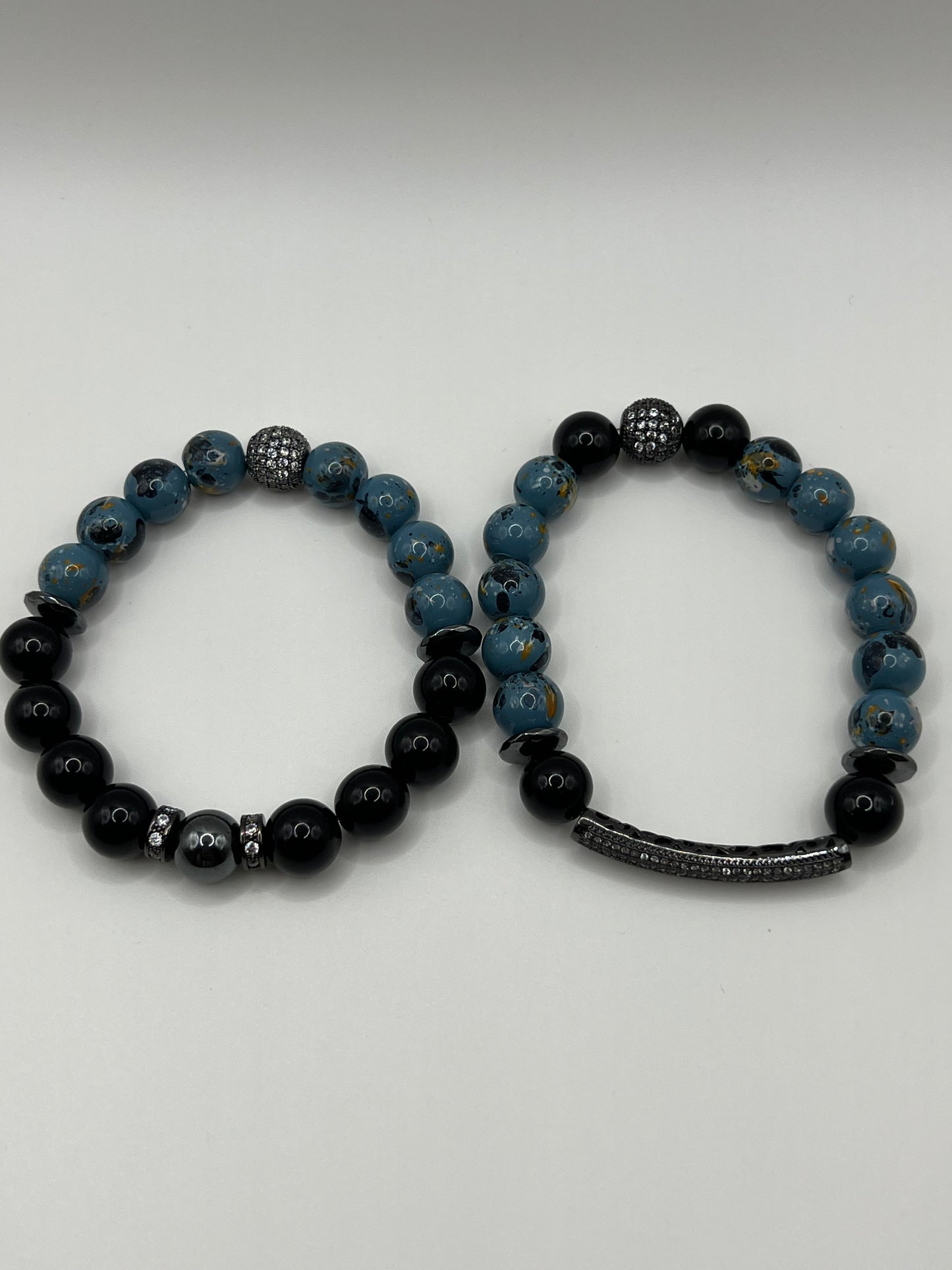 10MM Women’s Black Obsidian w/ Mixed Blue Glass Beads Bracelet Set