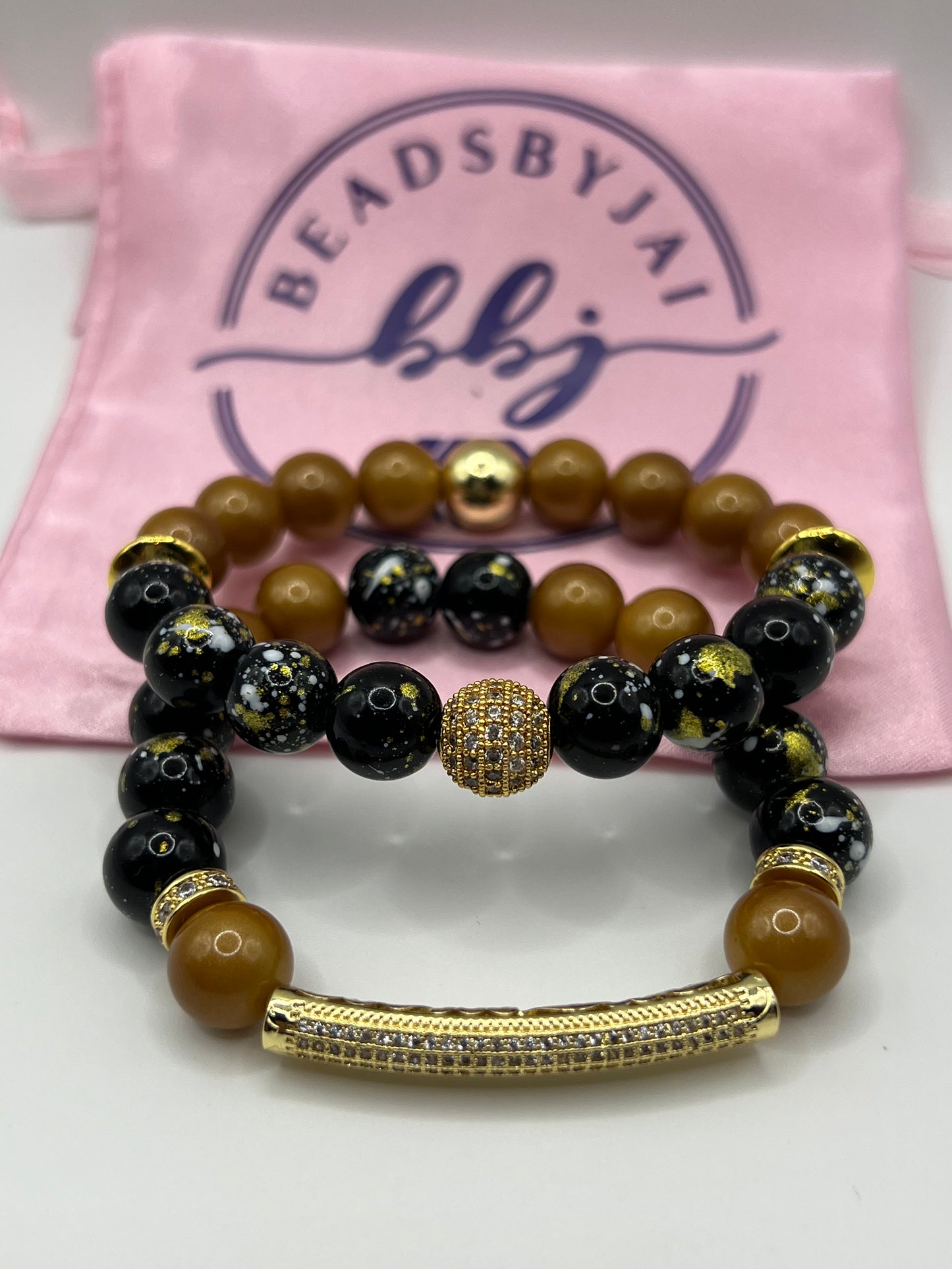 10MM Women’s Mixed Black & Gold Glass Bead Bracelet Set