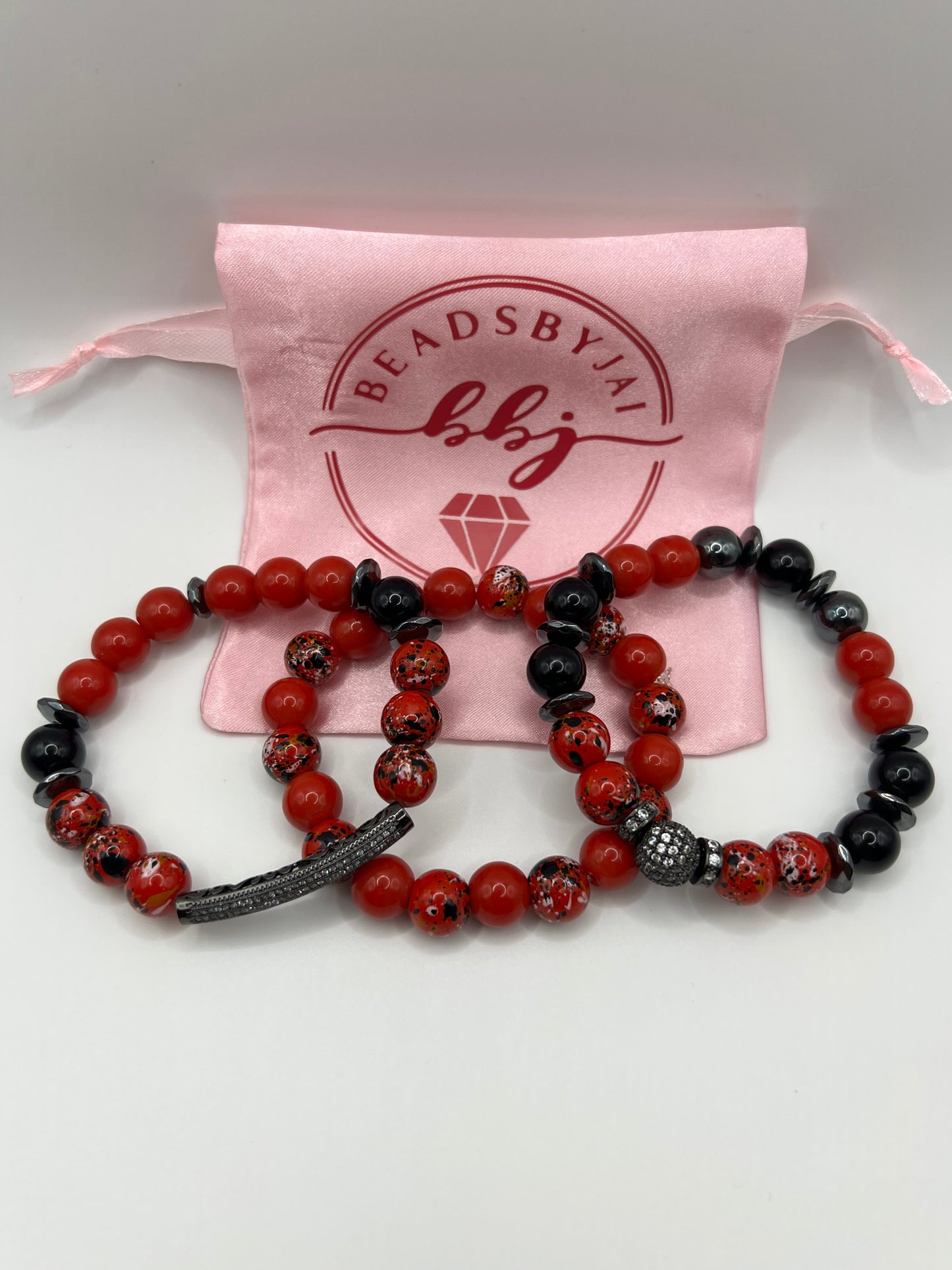 10MM Women’s Black & Red Mixed Glass Bead Bracelet Set