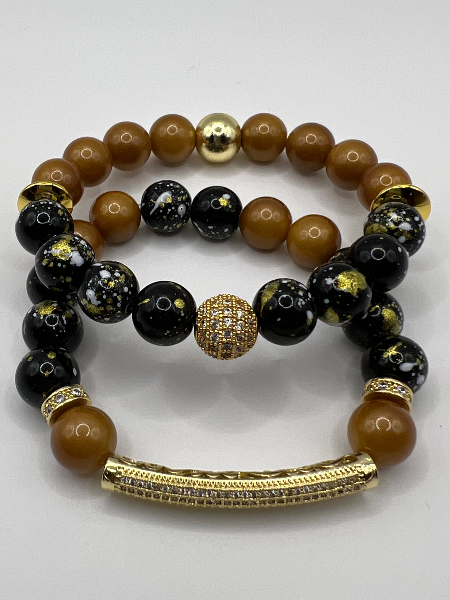 10MM Women’s Mixed Black & Gold Glass Bead Bracelet Set