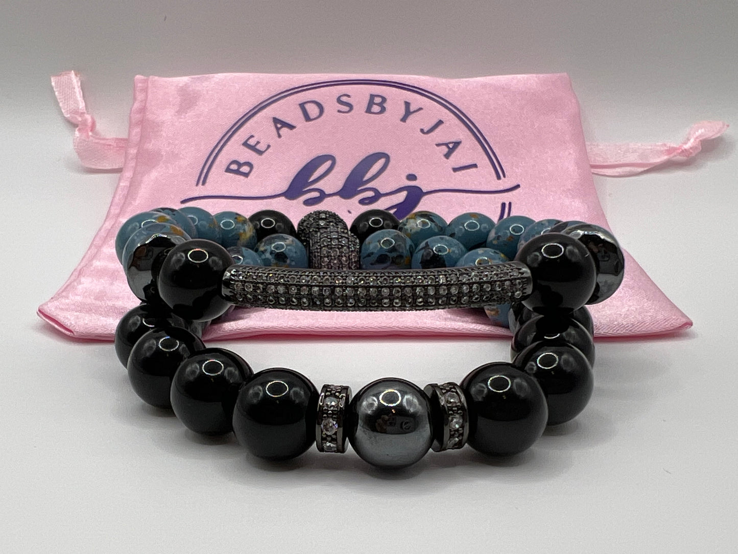 10MM Women’s Black Obsidian w/ Mixed Blue Glass Beads Bracelet Set