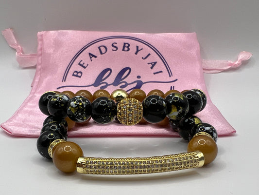 10MM Women’s Mixed Black & Gold Glass Bead Bracelet Set