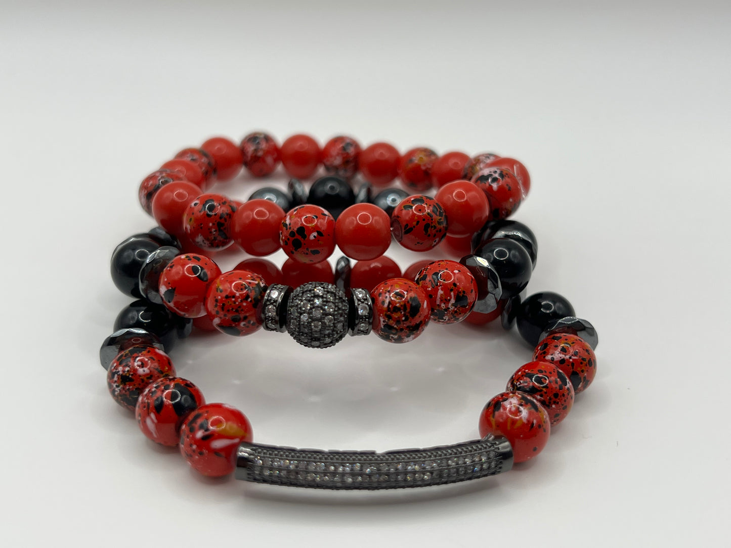 10MM Women’s Black & Red Mixed Glass Bead Bracelet Set