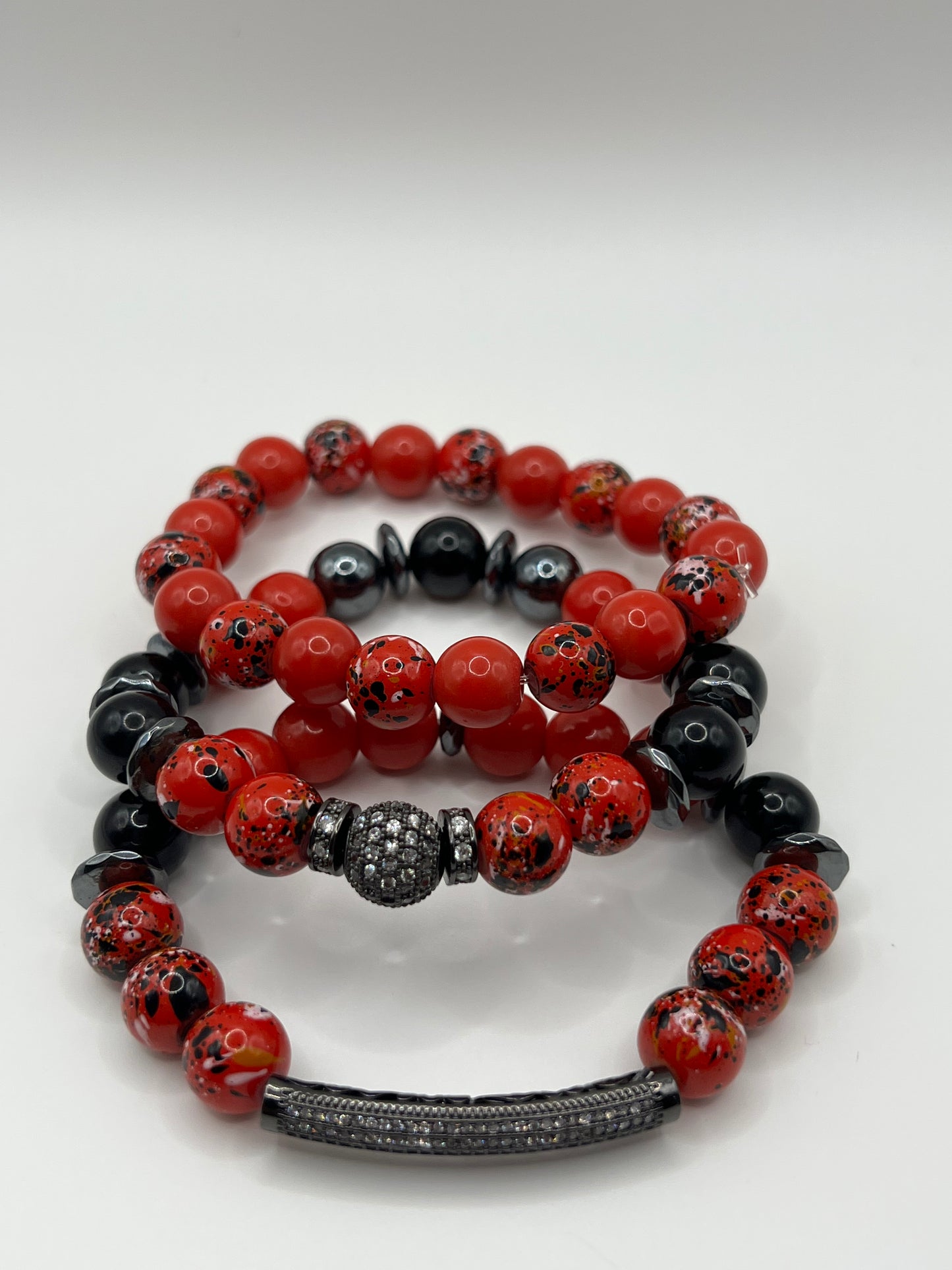 10MM Women’s Black & Red Mixed Glass Bead Bracelet Set