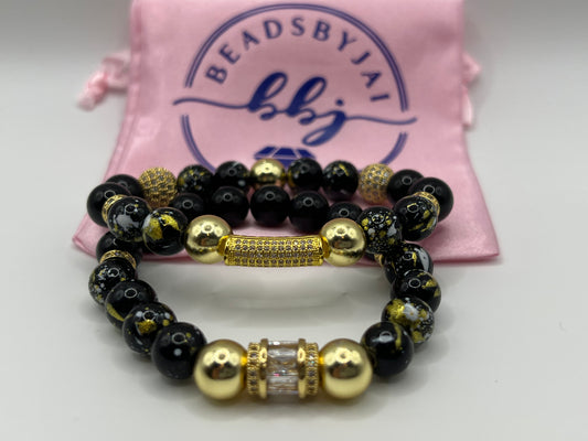 10 MM Women’s Black Obsidian & Mixed Glass Bead Bracelet Set